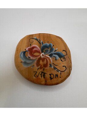 Hand Painted Wood “Uff Da” Brooch Artisan E.B. Signed Floral Folk Art Pin